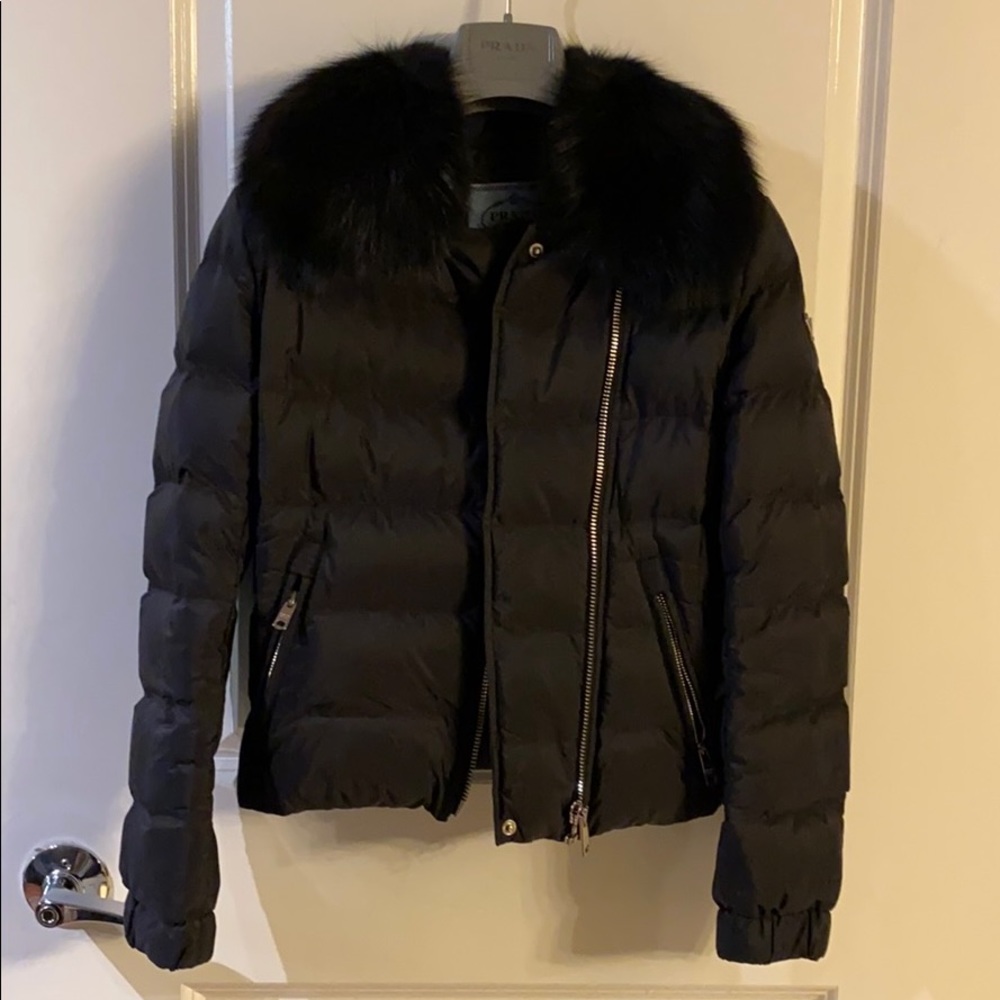 Prada nylon piuma jacket black fox fur
